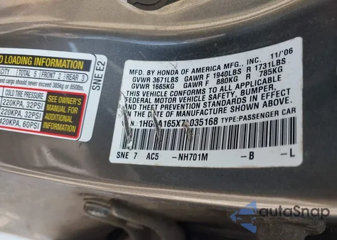 2007 Honda Civic Lx from USA, damaged, VIN 1HGFA165X7L035168